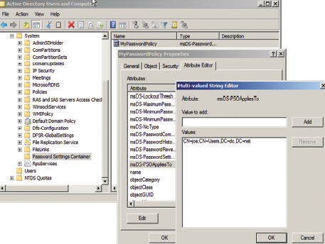 Экран 2. Привязка к объекту PSO устанавливается из оснастки Active Directory Users and Computers консоли MM