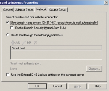 Экран 1. Определение метода разрешения имен для вновь созданного коннектора Send SMTP